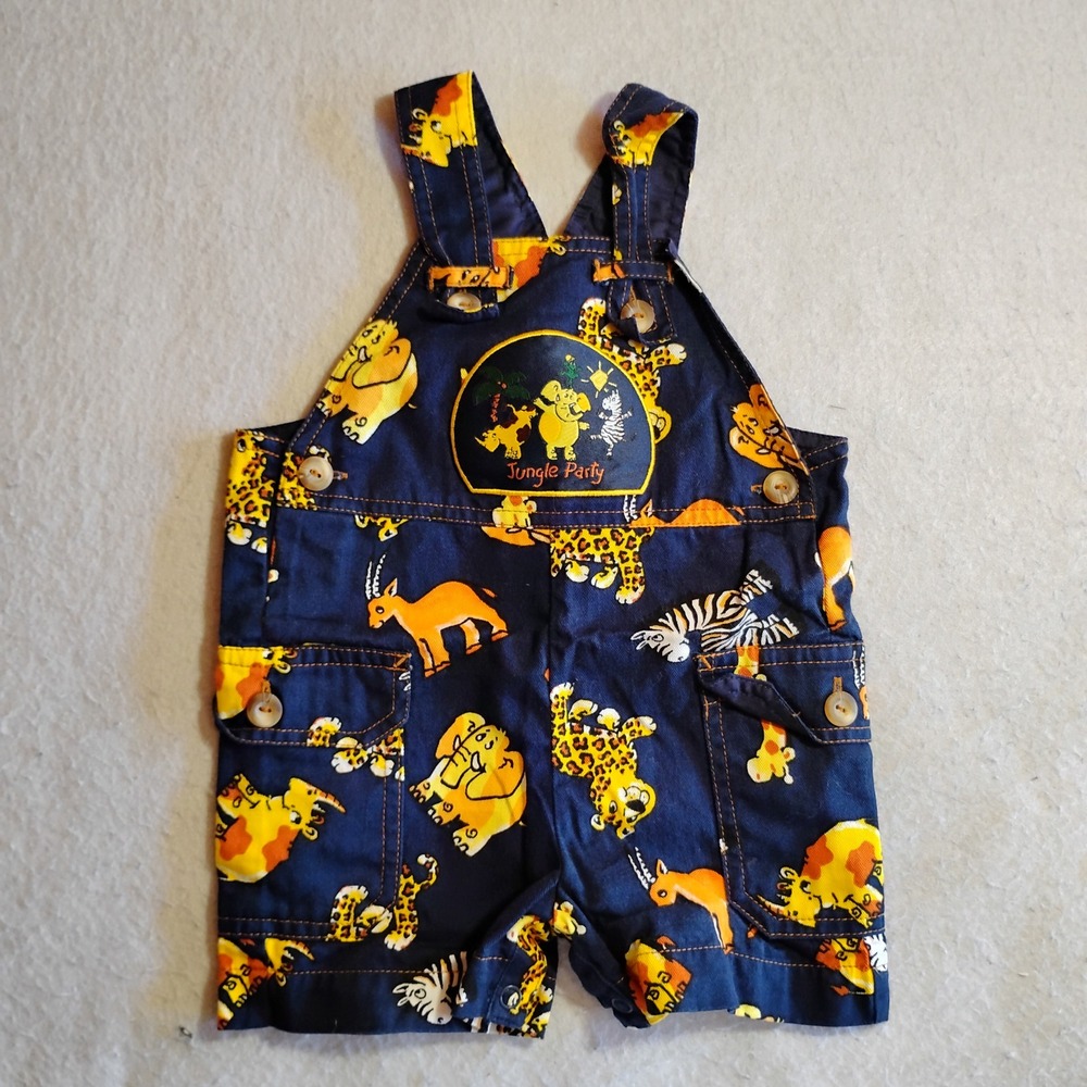 Vintage Jungle Party Navy Blue Animal Print Shortall Overalls 12 Months Cotton